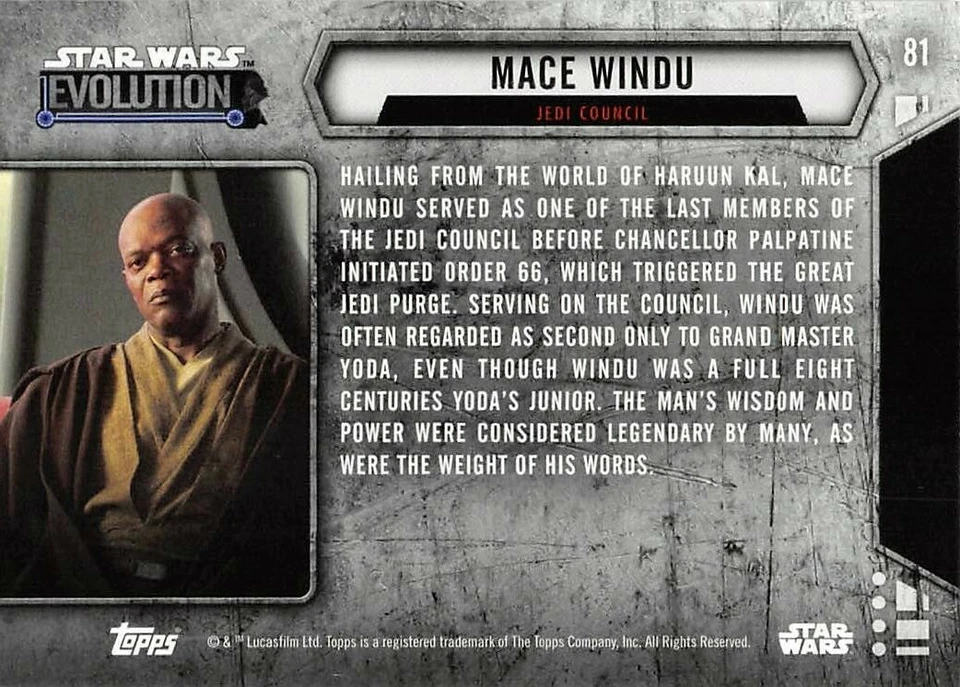 Mace Windu 2016 Topps Star Wars Evolution Blue Lightsaber Parallel #81 nsc2 - Image 2 of 2