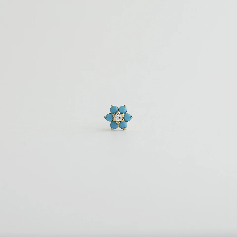 Unisex 14K REAL Oro Sólido Floral Delicado Pequeño Turquesa Nariz Hueso Anillo 22G Foto 2 de 3