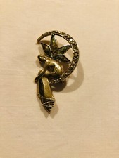 Vintage Angel on Crescent Moon Brooche with acrylic inlay and iridescent stones