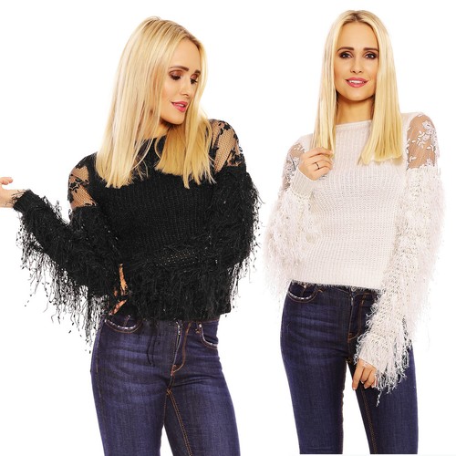 Maglione donna con maniche lunghe con frange e paillettes trama grossa  nuovo | eBay