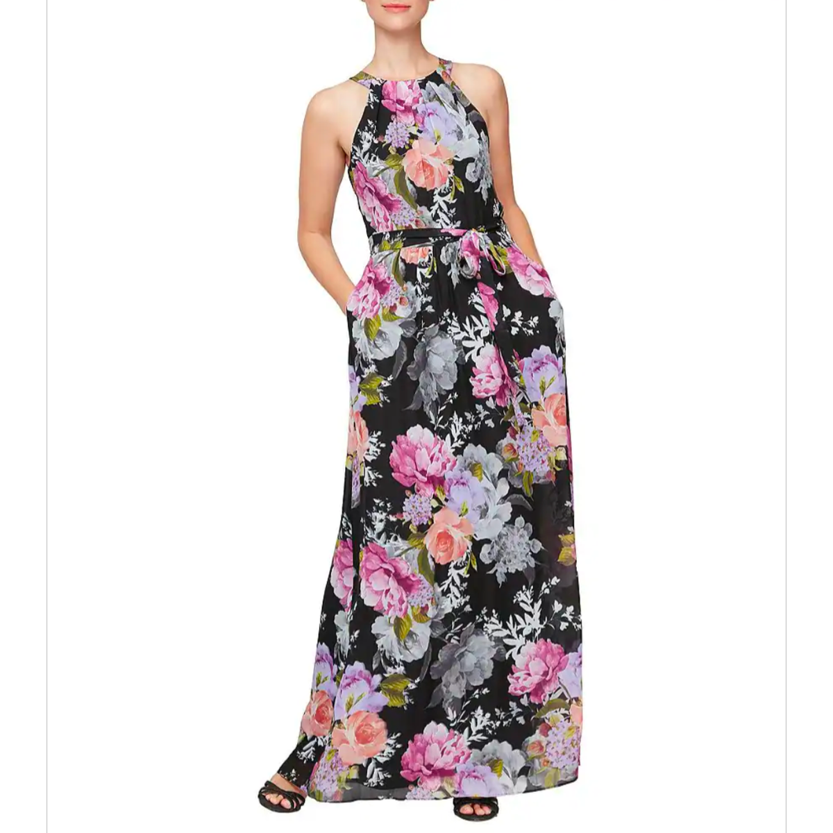 SLNY Womens Belted Maxi Evening Dress Black 10 SLNY Womens Belted Maxi Evening Dress Black 10
