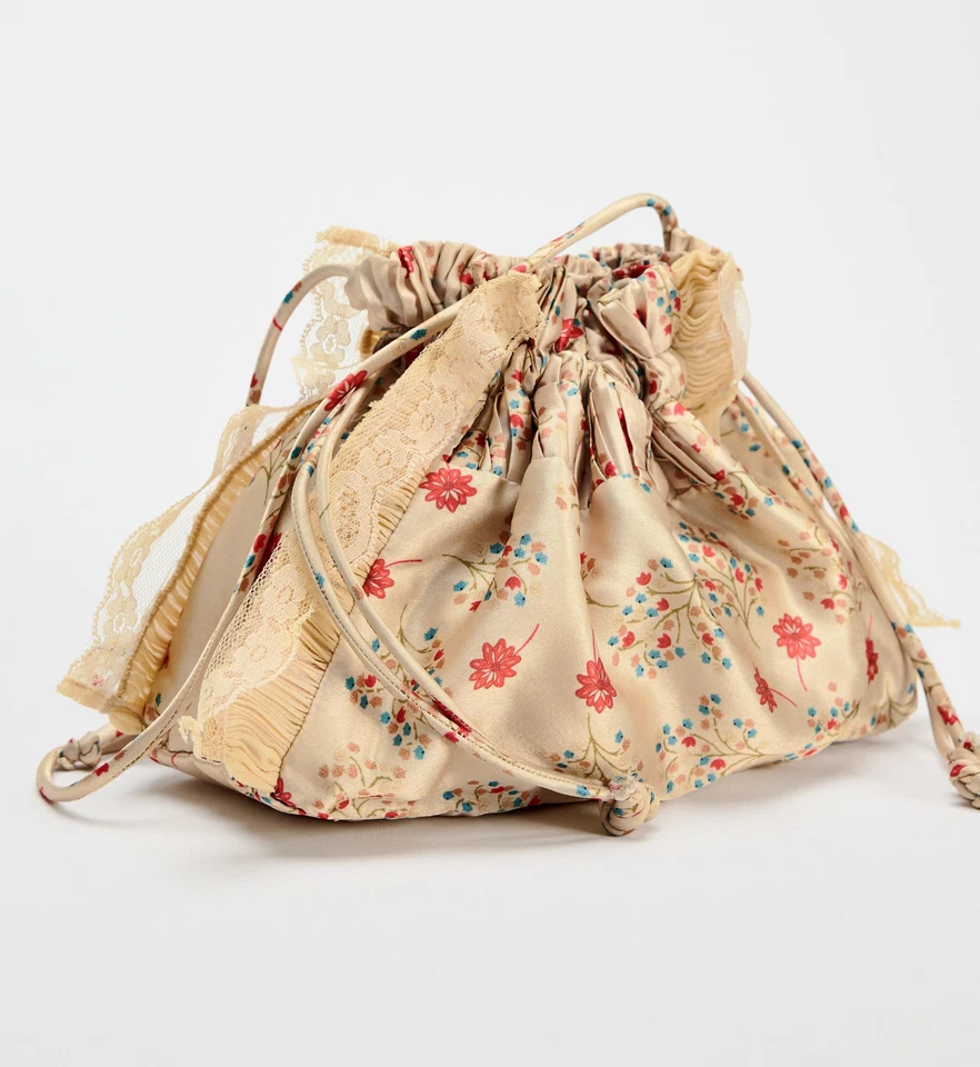 Zara Floral Satin Effect with Lace Mini Bucket Bag Bloggers Fave Wedding Holiday - Image 4 of 4