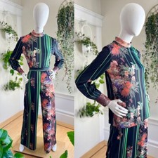 Vintage 1970s Pant Suit 70s Floral Striped Butterfly Novelty Print Blouse Pants