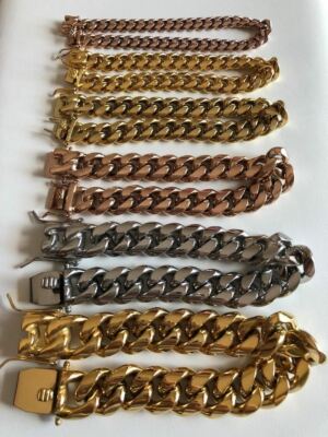 Miami Cuban Link Bracelet 14k 18k Yellow Rose Silver Gold Plated Stainless Steel