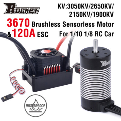 Rocket 3670 Waterproof Brushless Sensorless Motor w/120A ESC for 1/8 1/10 RC Car