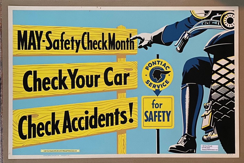 Vintage Orig Poster 38x25 Police Motorcycle Bike Car Mechanic Pontiac Garage