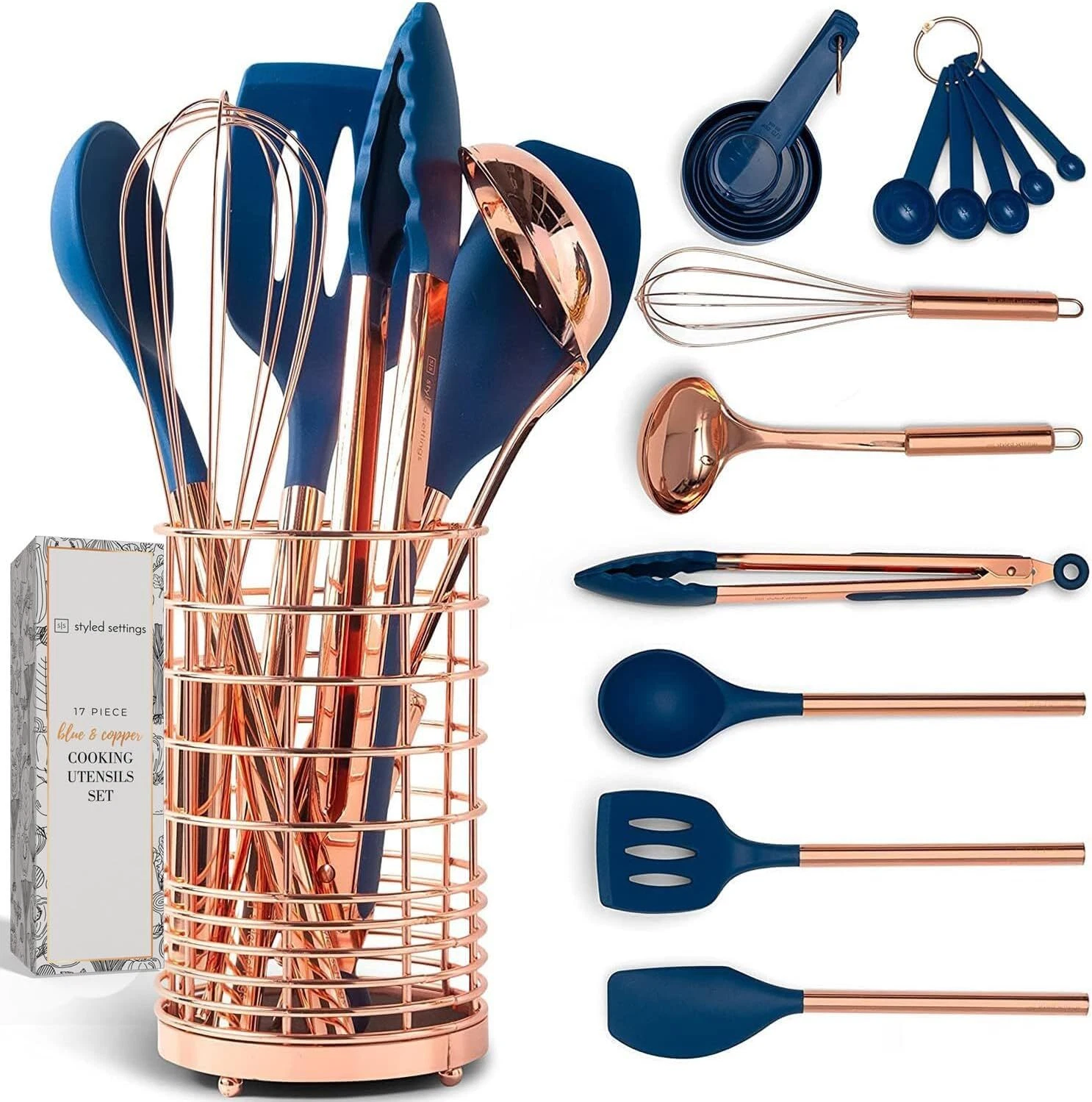 Copper and Blue Silicone Cooking Utensils Set - 17-Piece Set with Copper Uten...