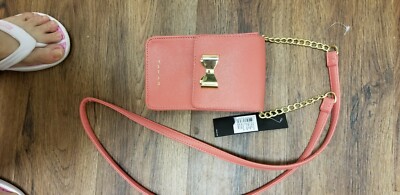 Tahari Phone Card Case Leather Red RFID Protection Key Ring Organizer NWT