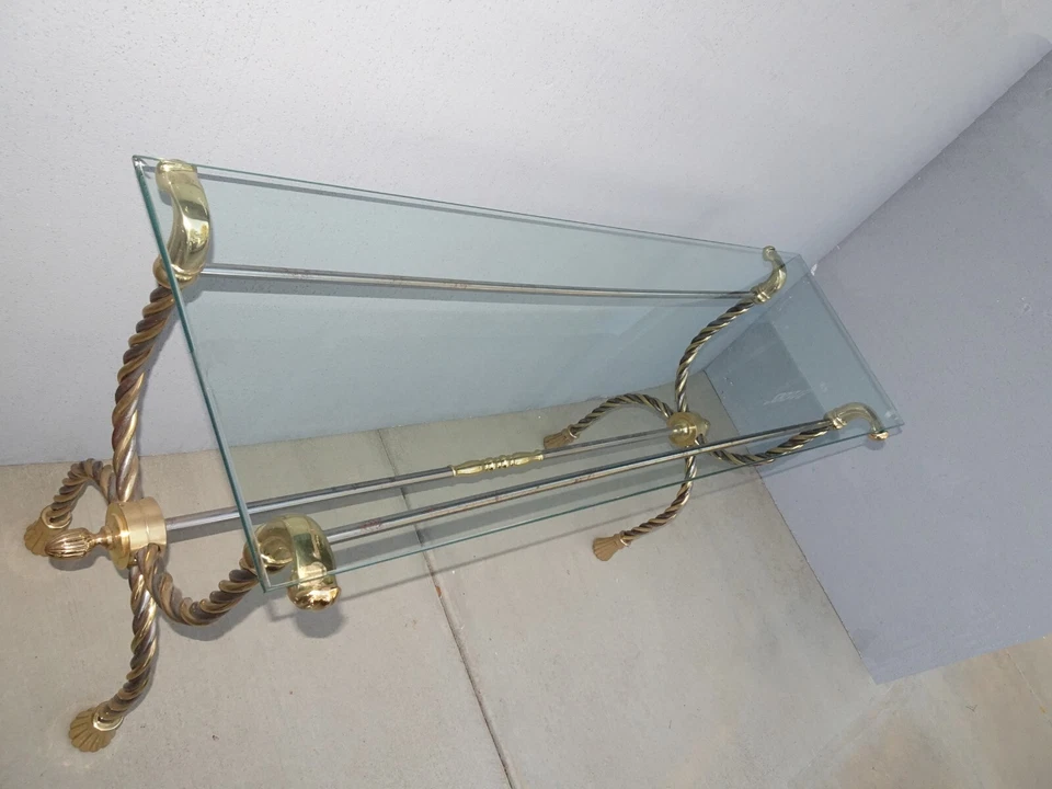 Винтажный латунный хромированный диван с кисточками из витой веревки прикроватный столик - Hollywood Regency - Изображение 4 из 4