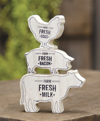 Farmhouse Shelf Sitter Animal Stack Pig Cow Chicken Fresh Milk Eggs Bacon Set 3