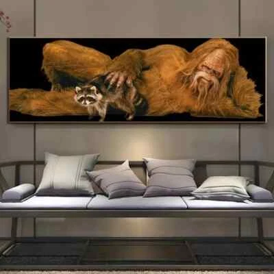 Bigfoot with Raccoon - Unframed Canvas Print - 48" x16" - Sasquatch at his Best