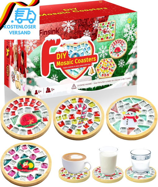 Finsink Mosaik Bastelset Kinder 4Pcs Weihnachten Mosaik Untersetzer Bastelset Di-image