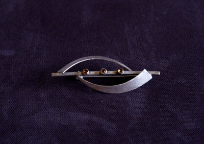 Vintage German 835 Silver Modernist Brooch 6cm - 3 Amber Stones - MCM Nordic
