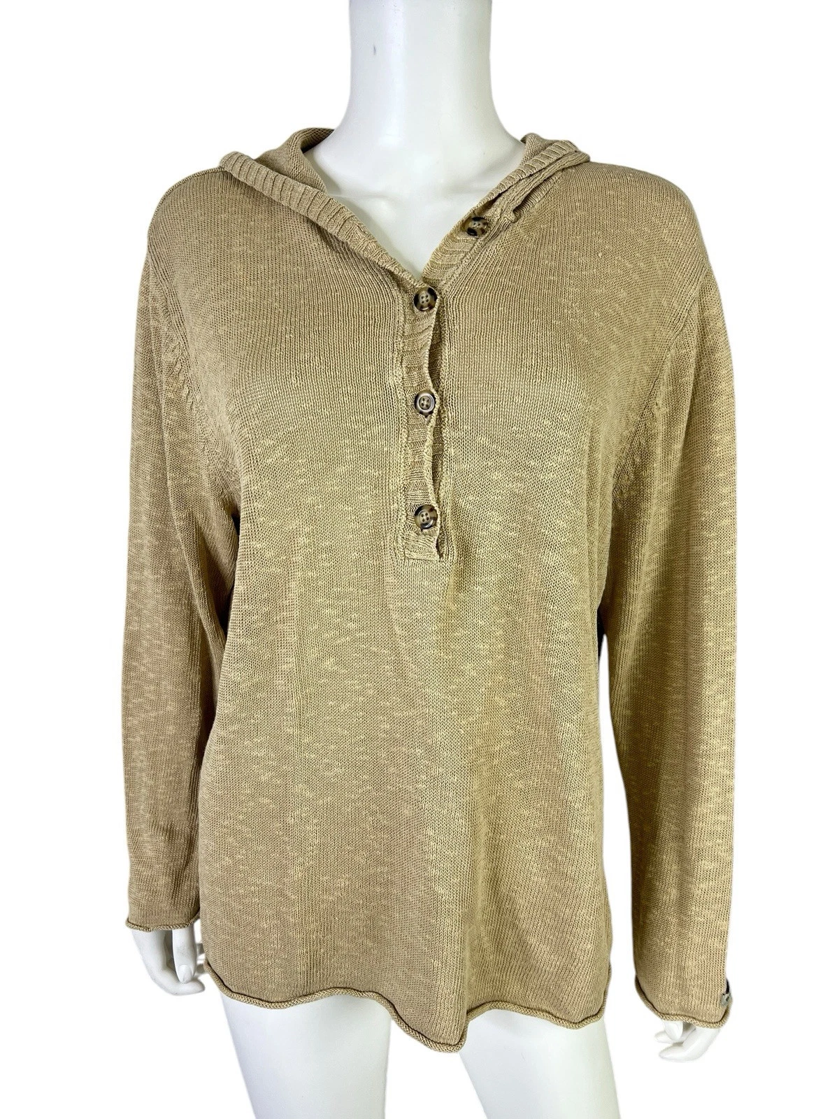 Columbia Womens Sweater Top Henley Pullover Hoodie Knit Long Sleeve Tan Size XL
