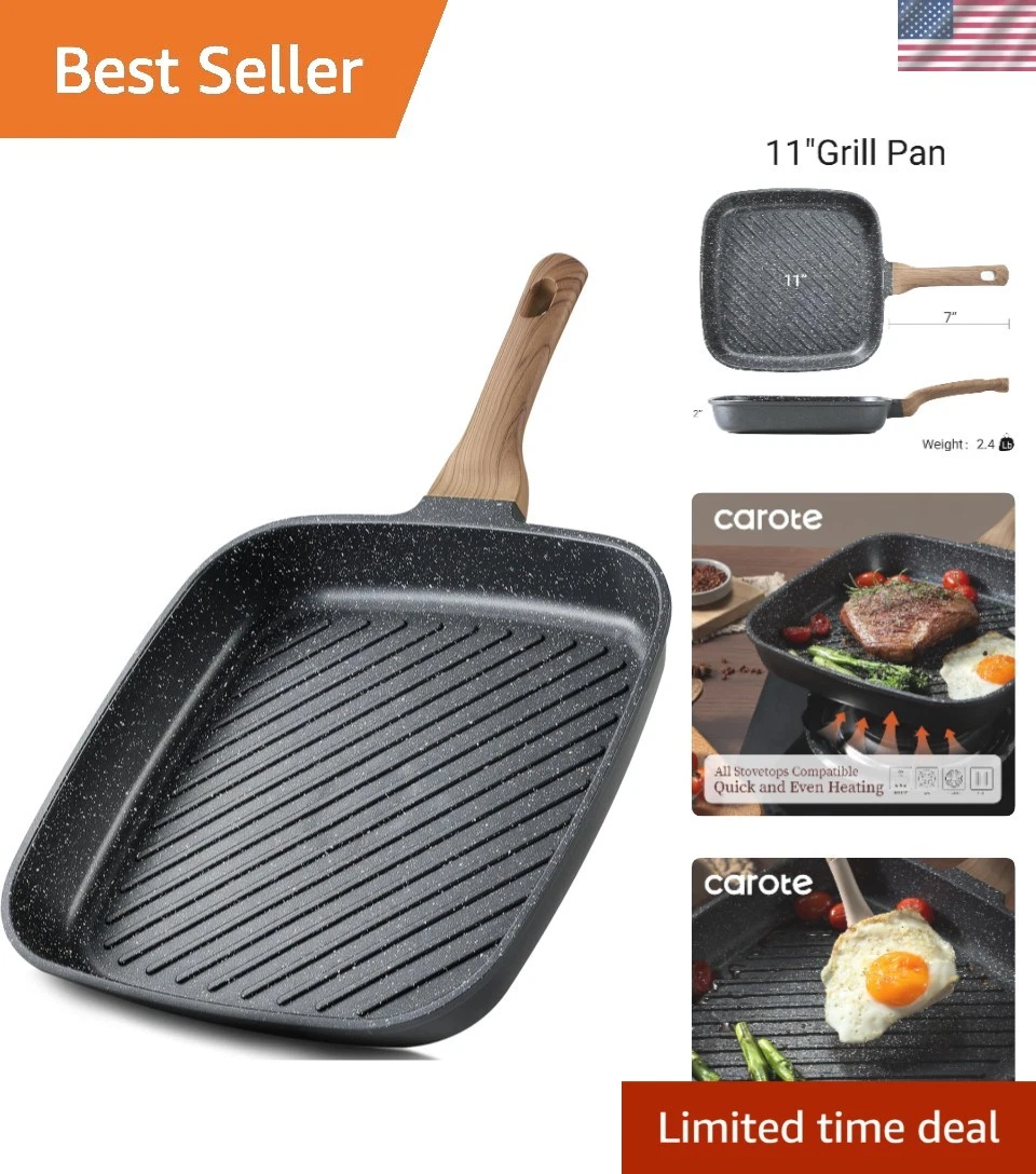 11 Inch Nonstick Grill Pan Steak Skillet Induction Gas Oven Safe Black