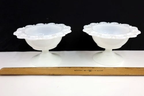 Vtg Lot x 2 Anchor Hocking Milk Glass Compote Old Colony Lace Edge Pedestal Bowl