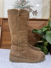 UGG Womens 8 Kara Classic Tall Slim Wedge Boots Chestnut Brown Fold Over Flawed