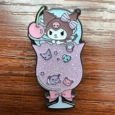 Glitter Enamel Pin - Kuromi In Cream Soda Boba With Baku, Kawaii Cafe 1.5”