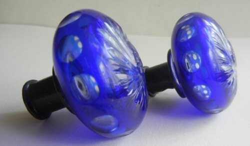 2 DOORKNOBS/SPINDLE COBALT BLUE CUT TO CLEAR DESIGN PRISMAT[C  Fr e e SHIPPING
