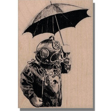 Mounted Rubber Stamp, Diver With Umbrella, Ocean Nautical Water Helmet Man Hold