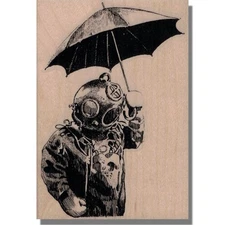 Mounted Rubber Stamp, Diver With Umbrella, Ocean Nautical Water Helmet Man Hold