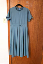 Women's M Blue Solid A-Line Pleated Midi Dress Short Sleeve Round Neck Zip