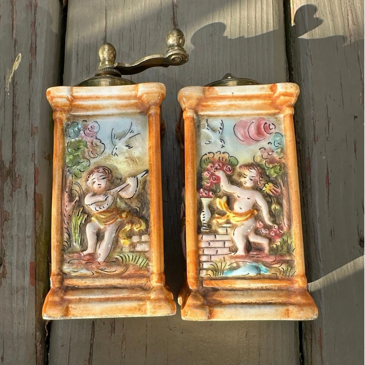 Vintage CAPODIMONTE Painted Italian Ceramic 5" Salt Shaker & Pepper Mill Cherubs