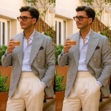 Seersucker Men's Suits Sky Blue Summer Casual Wedding Groom Tuxedos Two Pieces