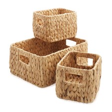 3pc Hyacinth Storage Basket Set, Woven Wicker Bin Shelf Organizers, Natural