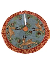 Beautiful  50” Lined Hooked Wool Rug Tree Skirt Woodland Lodge  Deer Pinecones