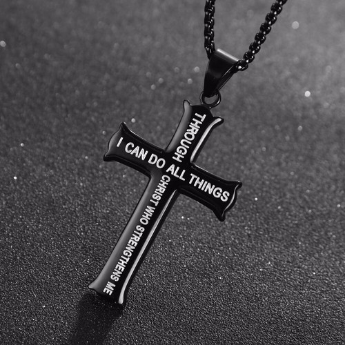 Gold/Silver Bible Verse Philippians 4:13 Stainless Steel Cross Pendant Necklace - Picture 7 of 30