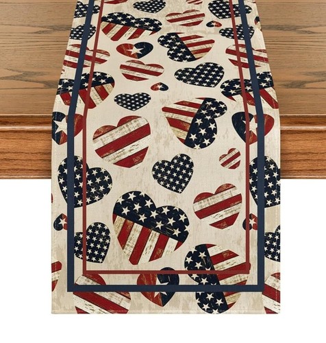 4th of July Table Runner Stars Stripes Hearts Patriotic Red White Blue 72x13in