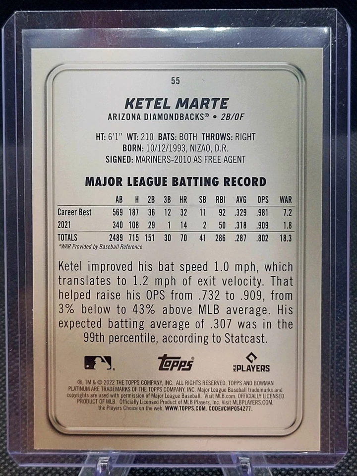 2022 Bowman Platinum - Blue #55 Ketel Marte /150 - Image 3 of 3