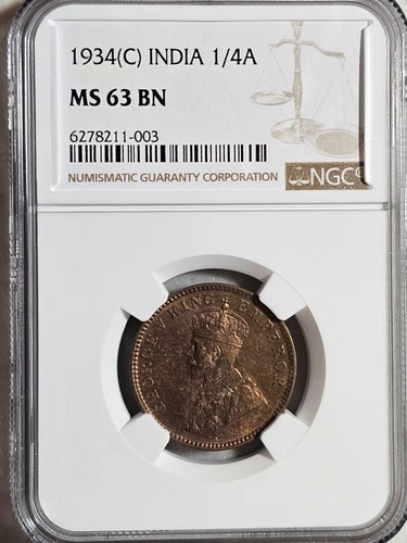 India 1/4 Anna 1934C NGC MS 63 BN