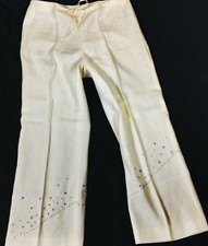 ELIE TAHARI sz. 10 33 waist mid rise Linen blend cream embroidered  beaded pant
