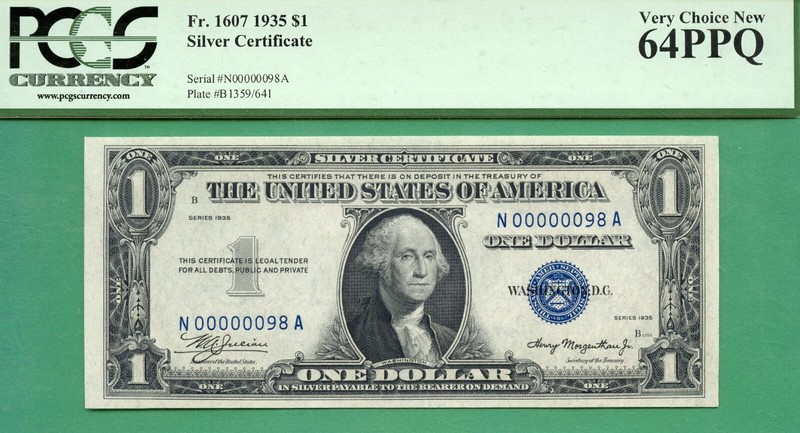 LOW TWO DIGIT SERIAL - N 00000098 A - 1935 $1 SC - Fr 1607 - PCGS CU 64 PPQ