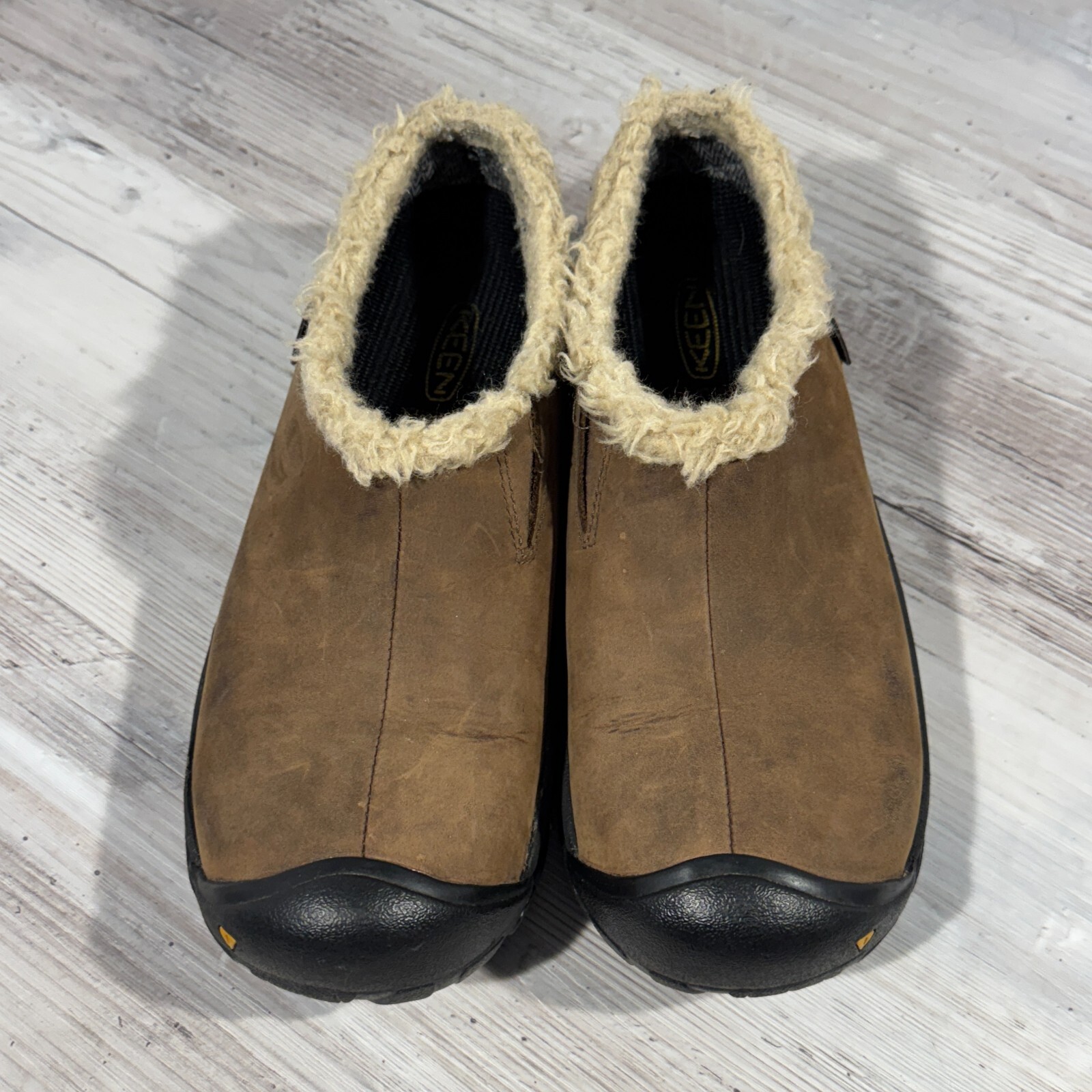 Keen Dry Womens Bailey Clogs Shoes Brown Leather Slip On Loafers Faux Fur Size 7