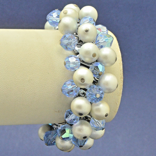 Vintage Bracelet 1950s Glamorous Faux Pearl & Blue Crystal Silvertone Jewellery