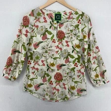 C WONDER Top XS Silk Crepe Floral Butterfly Keyhole 3/4 Sleeve Carnation Lily