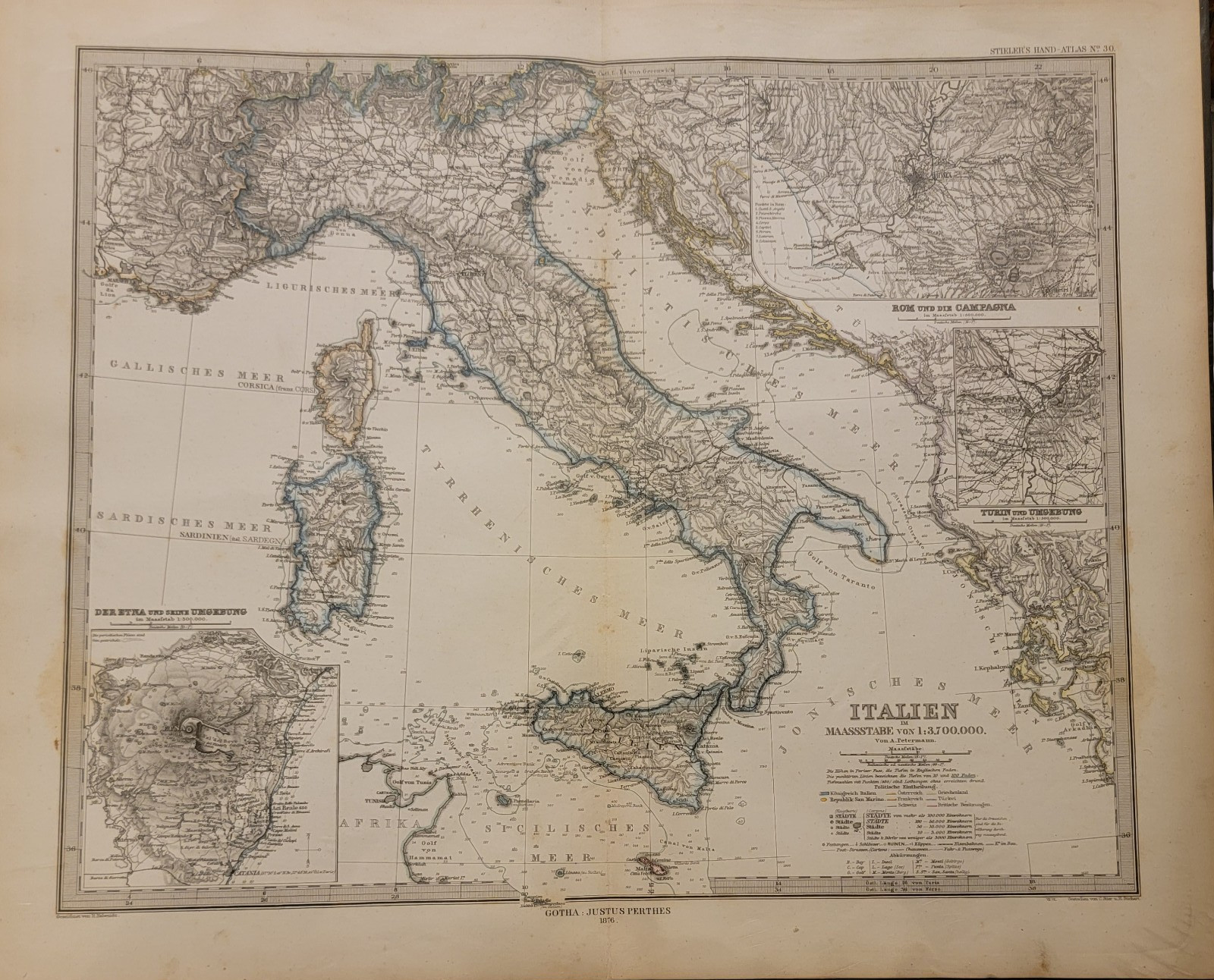 1876 map Italy / Italien Etna, Rome Turin Stieler's Petermann hand coloring
