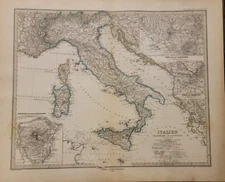1876 map Italy / Italien Etna, Rome Turin Stieler's Petermann hand coloring