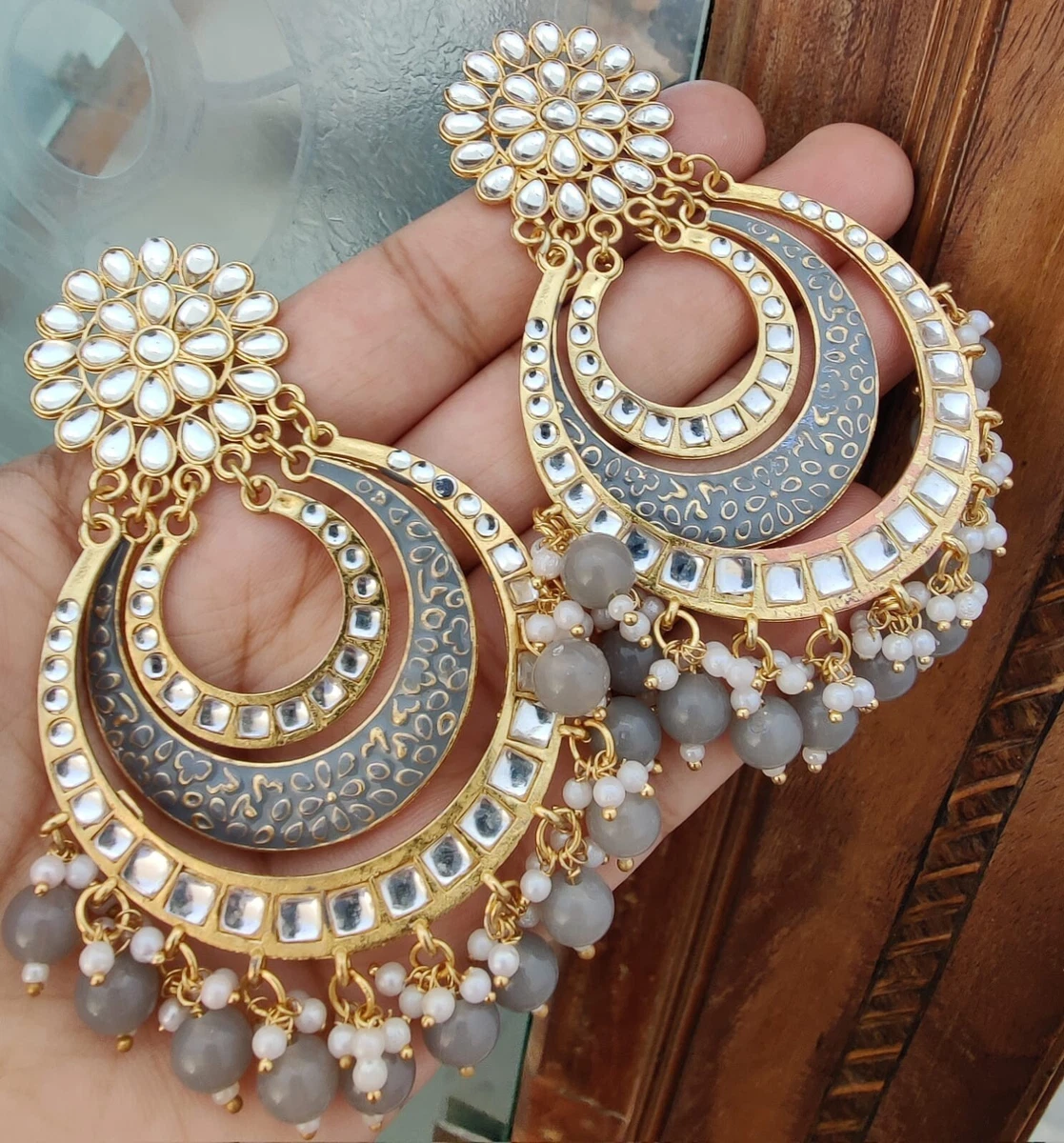 Bollywood Style Indian Gray Enameled Pearl Jhumka Earrings Girls Jewelry Set