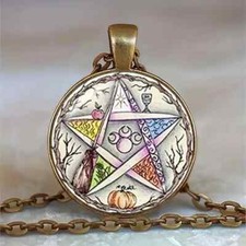 Round Glass Pendant Clavicle Necklace Mysterious Pentagram Jewelry Gift