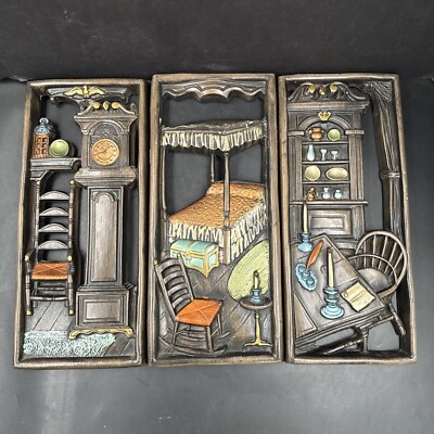Lot of 3 Vintage MCM Ceramic Mold Hand Painted Wall Art Plaque Furniture Decor