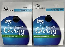 2 L'eggs Sheer Energy Pantyhose Size Q Control Top-Jet Black and Off Black