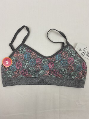 Maidenform Girls' Seamfree Ruched Crop Bra Gray Funny Faces Small 6-6x 28A NEW