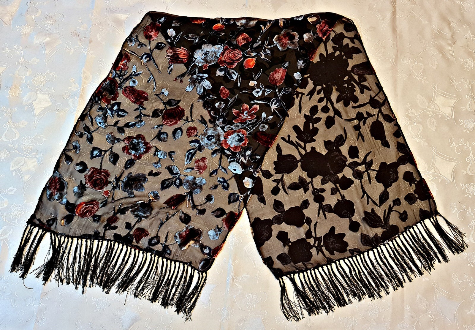 Vintage Authentic Floral Roses Cut Velvet Silk Long Scarf in Black & Orange-image