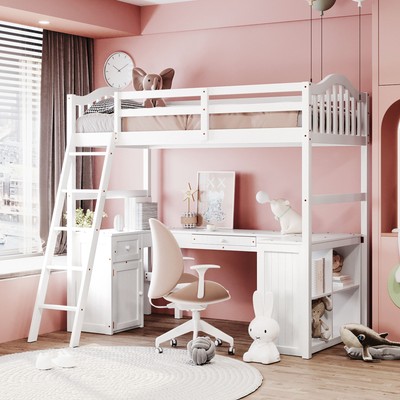 Twin size Loft Bed with Drawers, Cabinet, Shelves and Desk, Wooden Loft Bed with