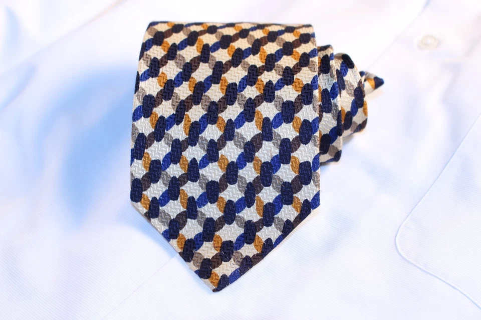 Corbata UNGARO PARIS Marfil Azul Naranja Verde Oliva Seda 58.5"L x 3.75"W Foto 2 de 4