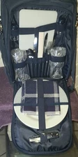 Blue Picnic Backpack Kit Detachable Bottle Cooler Blanket Flatware Set for 2
